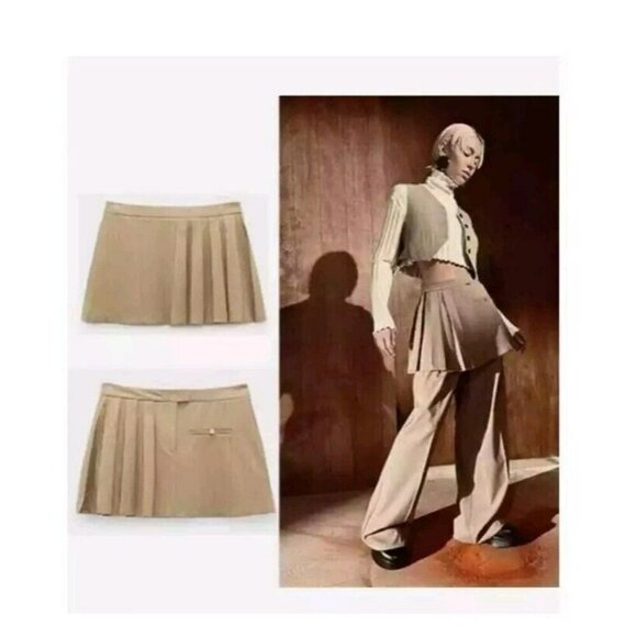 ZARA pinstripe box pleat skirt 3067/003 Sz LARGE BEIGE 18"waist - Picture 3 of 4